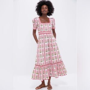 NWT XL Pink City Prints Evelyn Puff-Sleeve Tiered Midi Dress